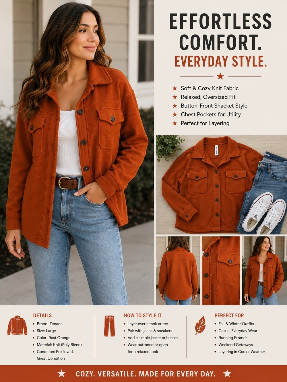 Zenana Outfitters Rust Orange Knit Shacket Jacket - Button-Front Oversized